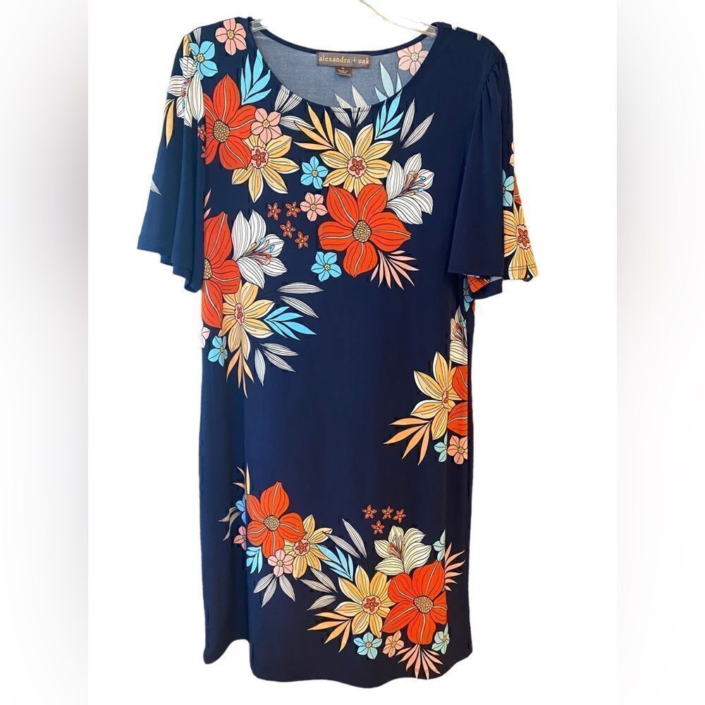 Alexandra + Oak Sz M Navy Blue Floral Classic Simple Workwear Relaxed Dress